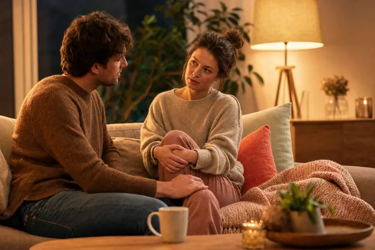 A couple talking quietly on a sofa in the evening, one with a hand on the other's knee, with a floor lamp and candles behind them
