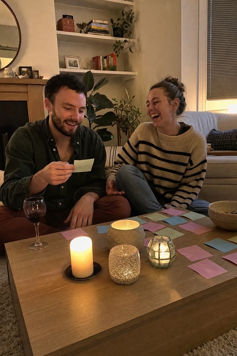 A couple laughing on the floor by a candlelit coffee table covered in pastel sticky notes