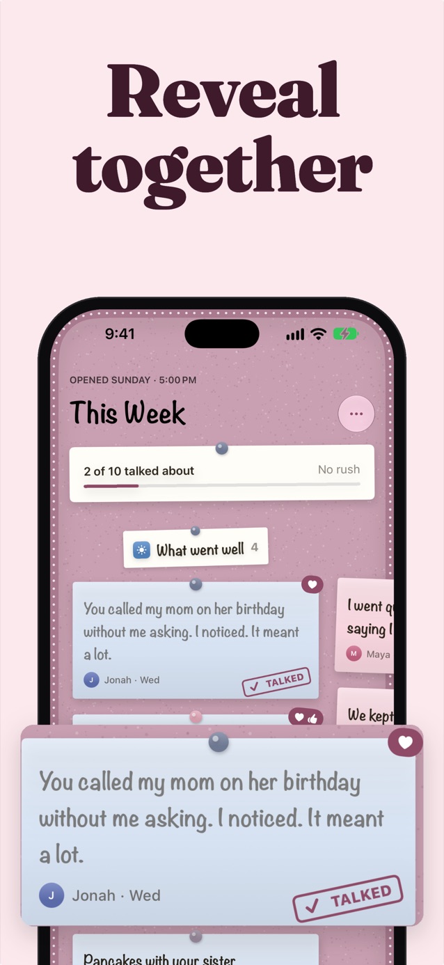 Reveal together: the opened board in the Blossom theme with a note from Jonah marked Talked