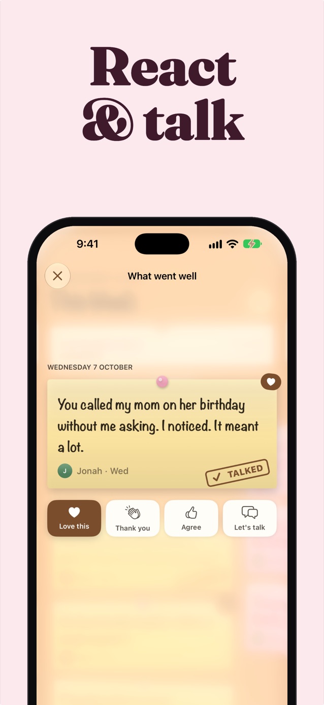 React and talk: a note from Jonah with Love this, Thank you, Agree and Let's talk reactions